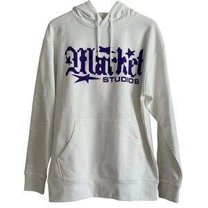 Market Studios White Hoodie Purple Graphic Logo Size Large